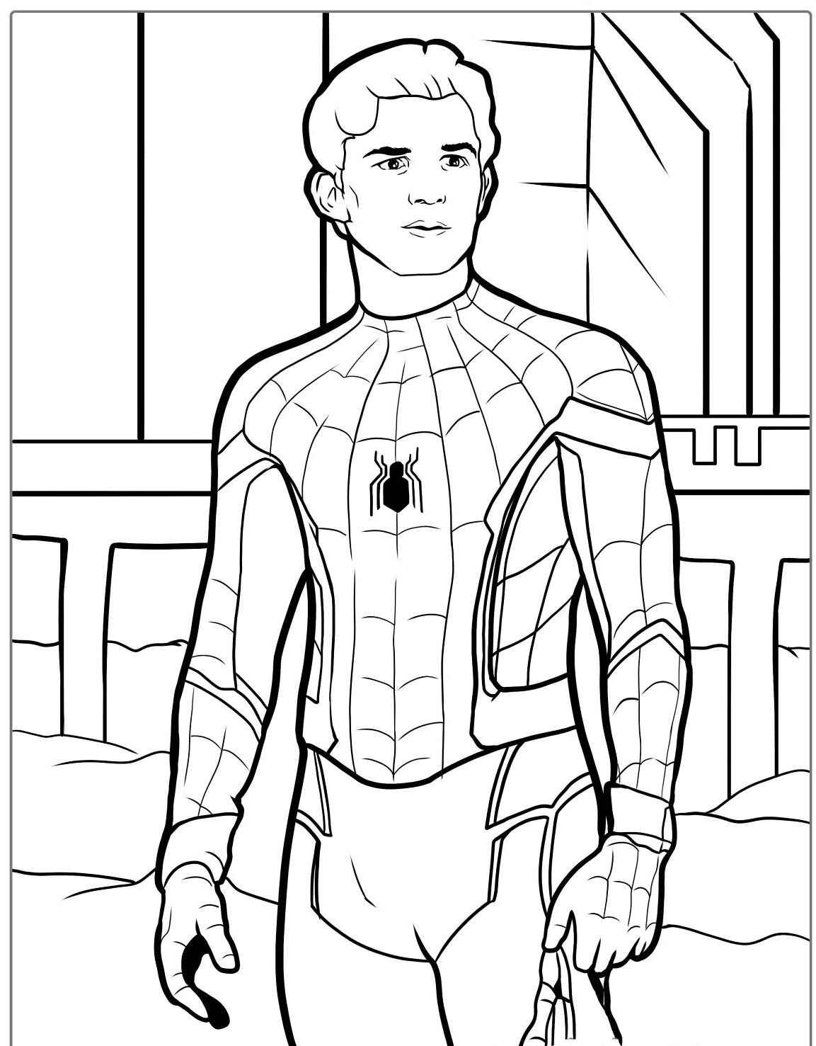 Desenho do Homem Aranha em traje prontificando para colorir