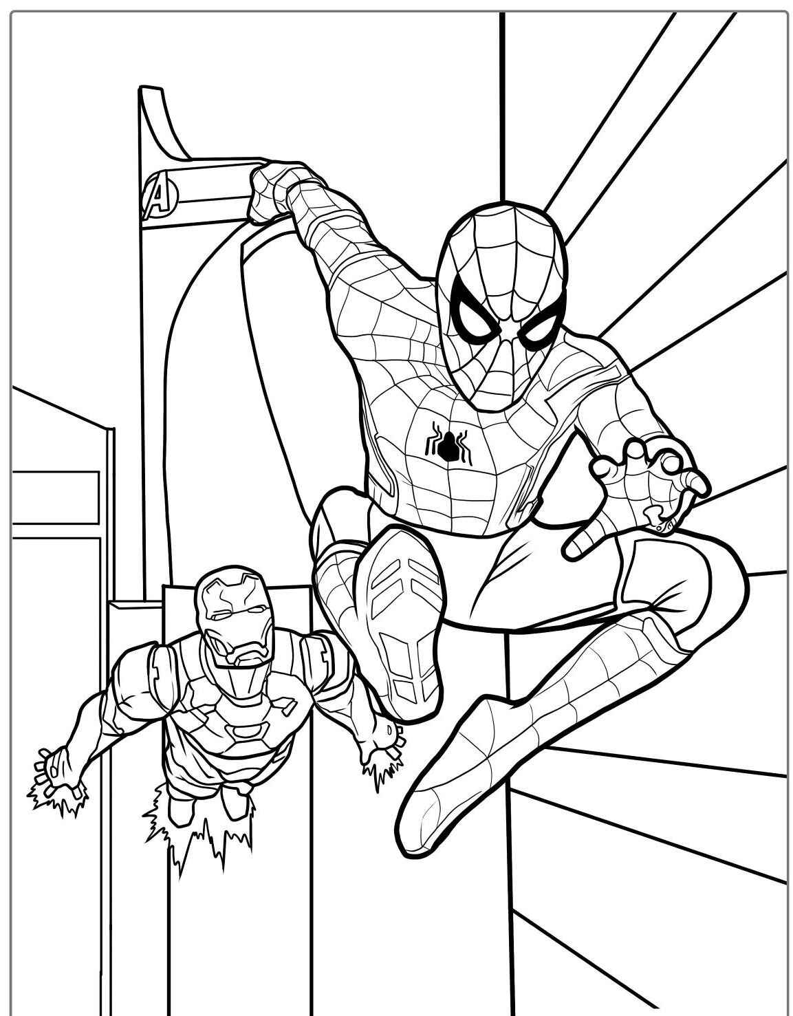 Desenho do Homem Aranha saltando ao lado do Homem de Ferro