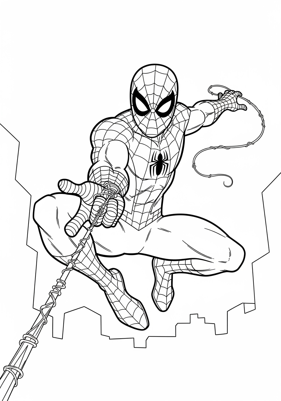 Desenho do Homem Aranha balançando entre prédios para colorir