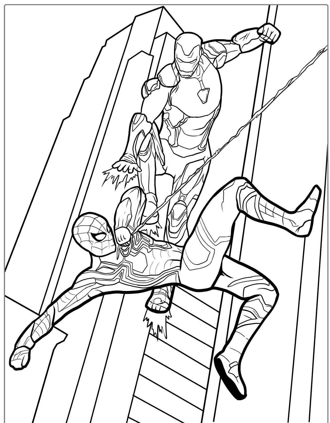 Desenho do Homem Aranha e Iron Man lutando para imprimir e colorir