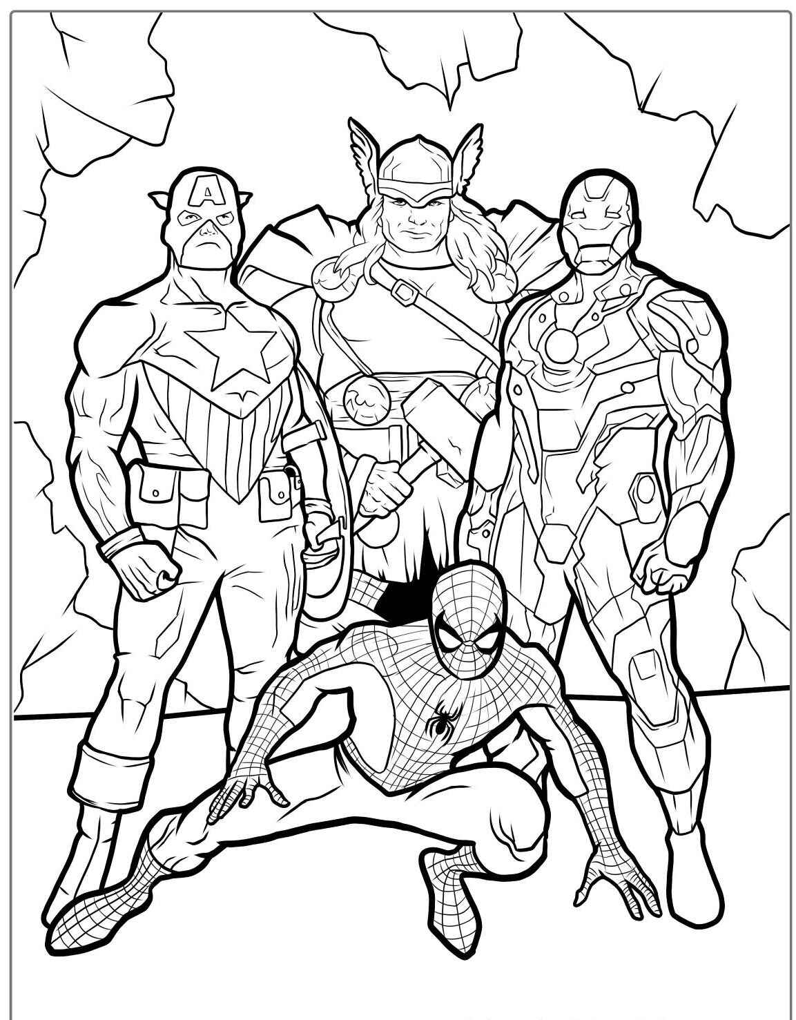Desenho do Homem Aranha com outros heróis para imprimir e colorir