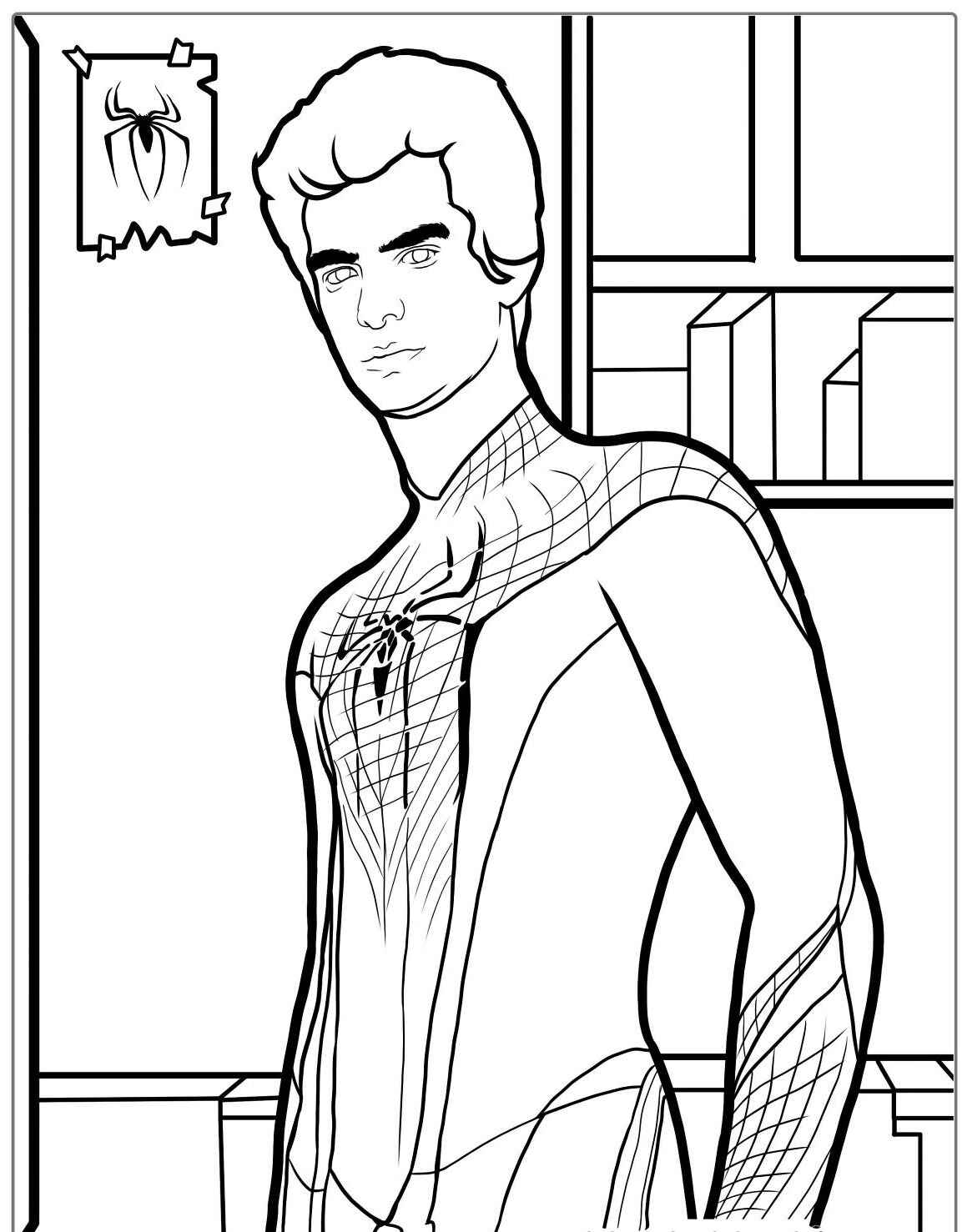 Desenho do Homem Aranha posando em ambiente interno para colorir