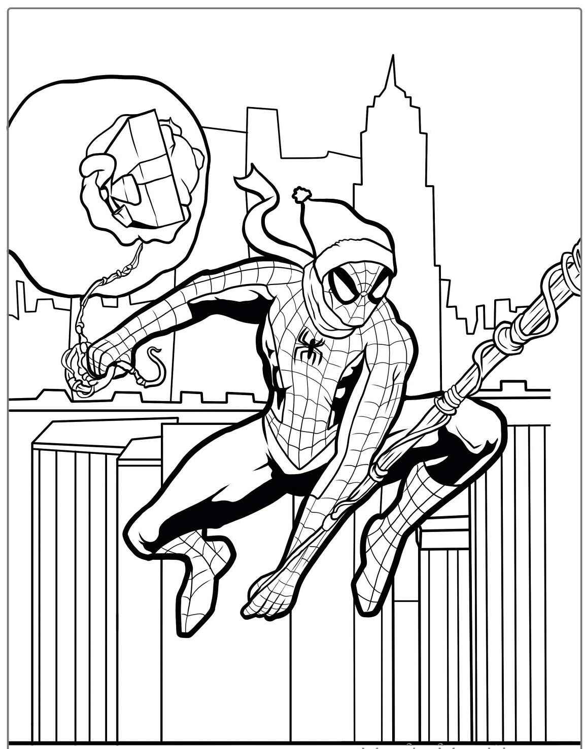 Desenho do Homem Aranha segurando presente para imprimir e colorir