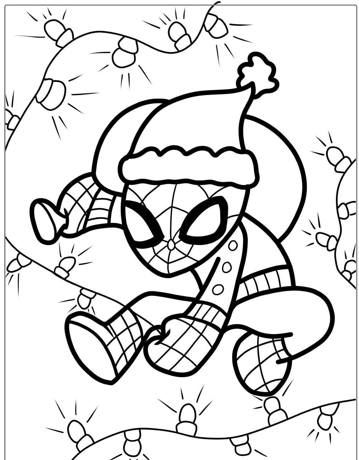 Desenho do Homem Aranha com um gorro e luzes de natal