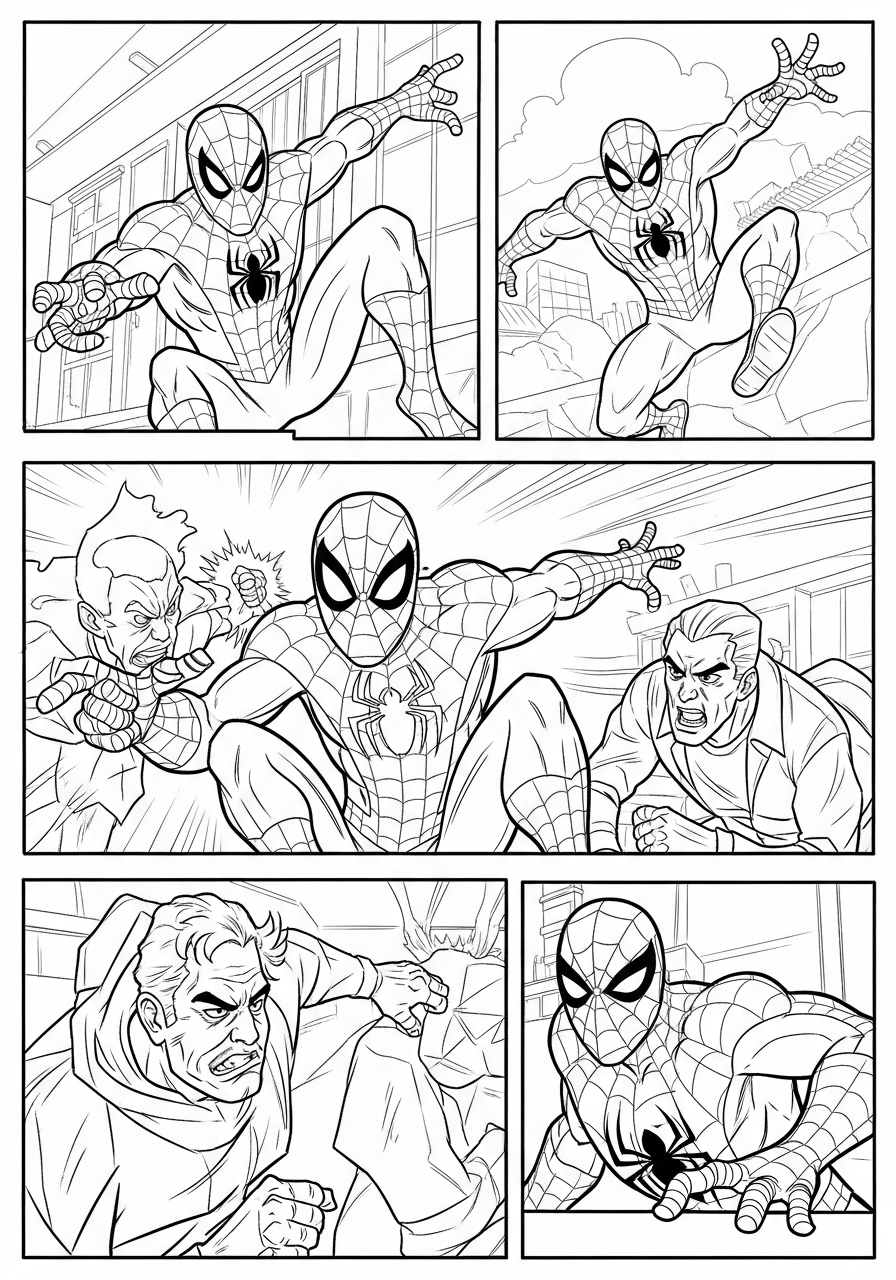 Desenho do Homem Aranha enfrentando vilões para imprimir e colorir