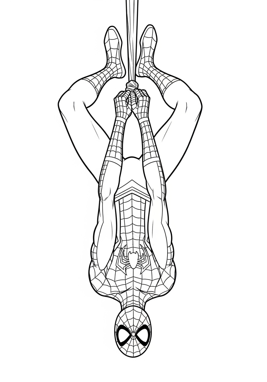 Desenho do Homem Aranha pendurado na teia para imprimir e colorir
