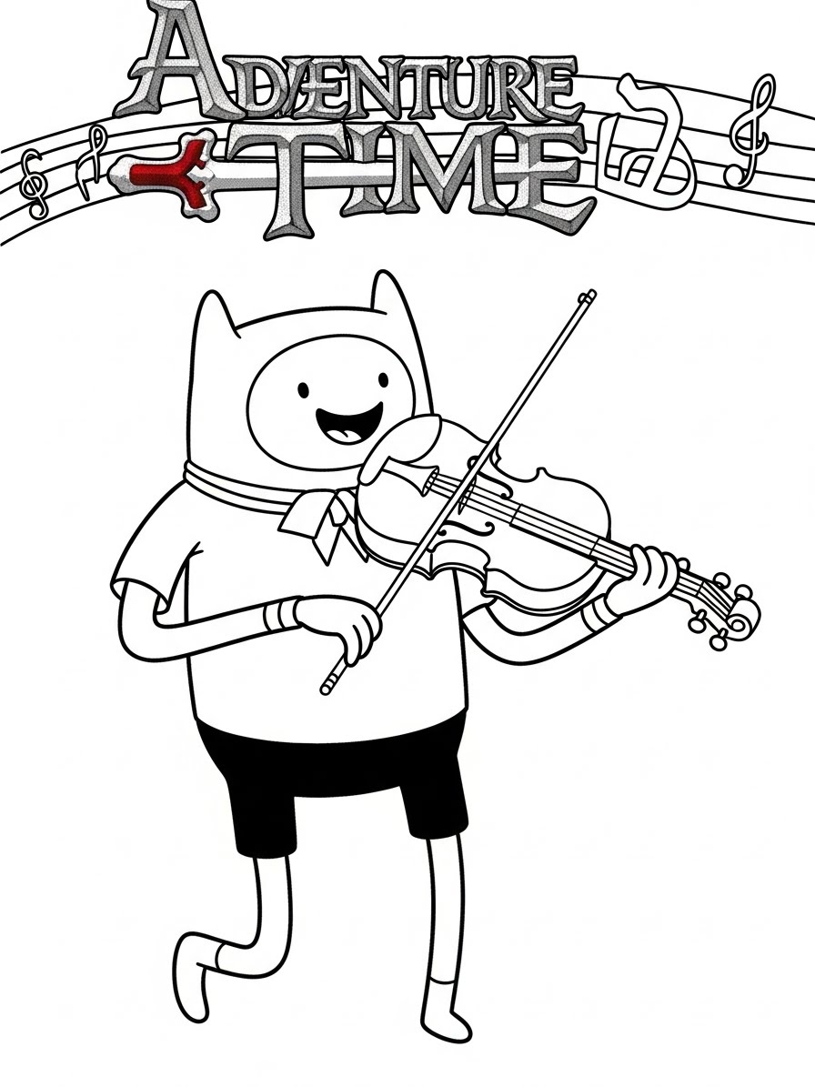 Desenho de Hora de Aventura com Finn tocando violino para colorir