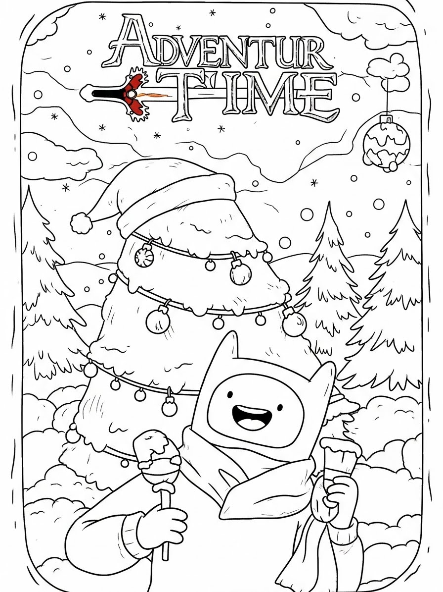 Desenho de Hora de Aventura com Finn e árvore de natal para colorir
