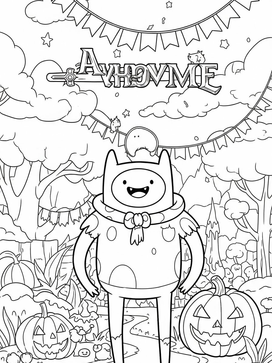 Desenho de Hora de Aventura com Finn e cenário para colorir