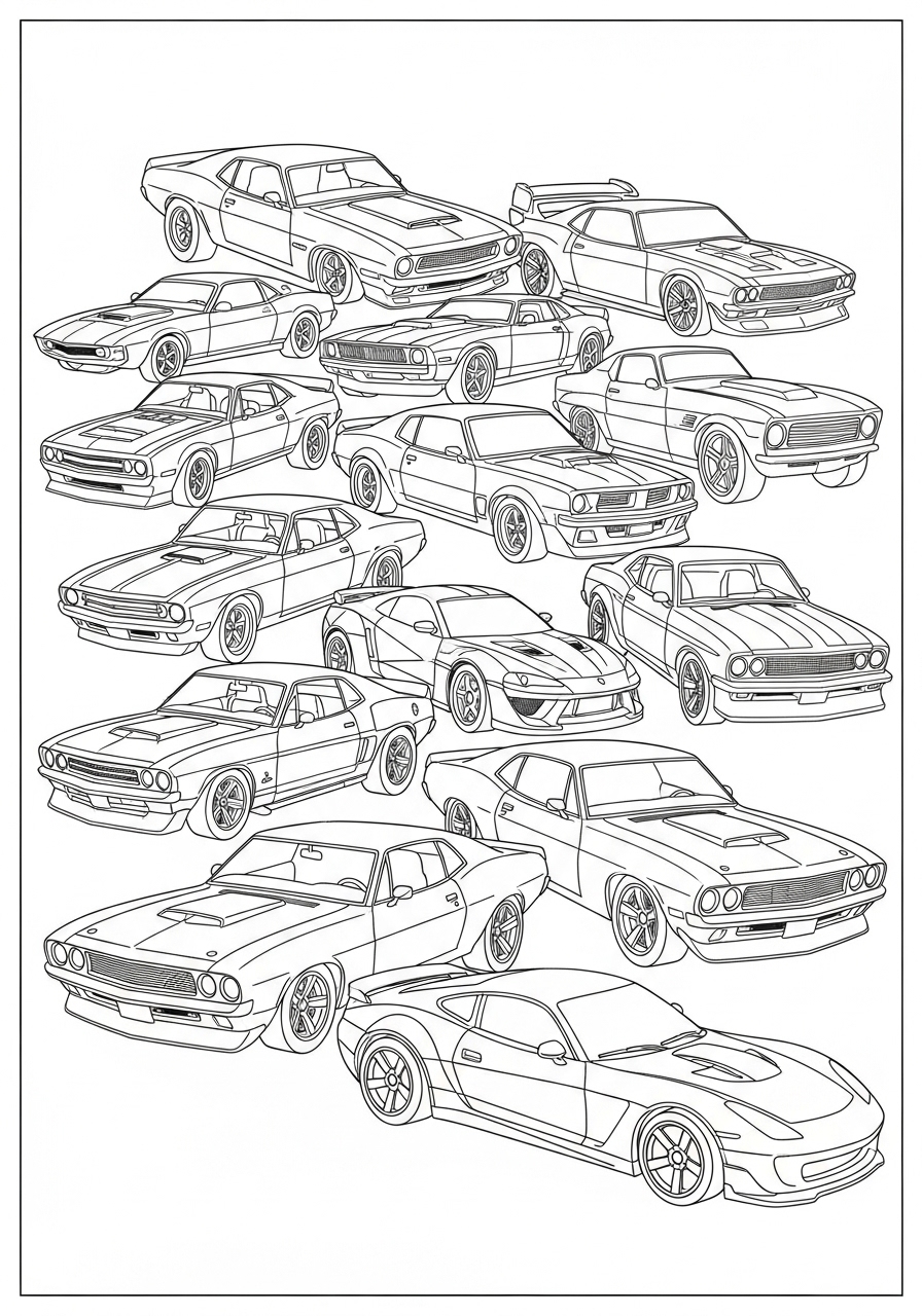 Desenho de Hot Wheels com vários carros prontos para colorir