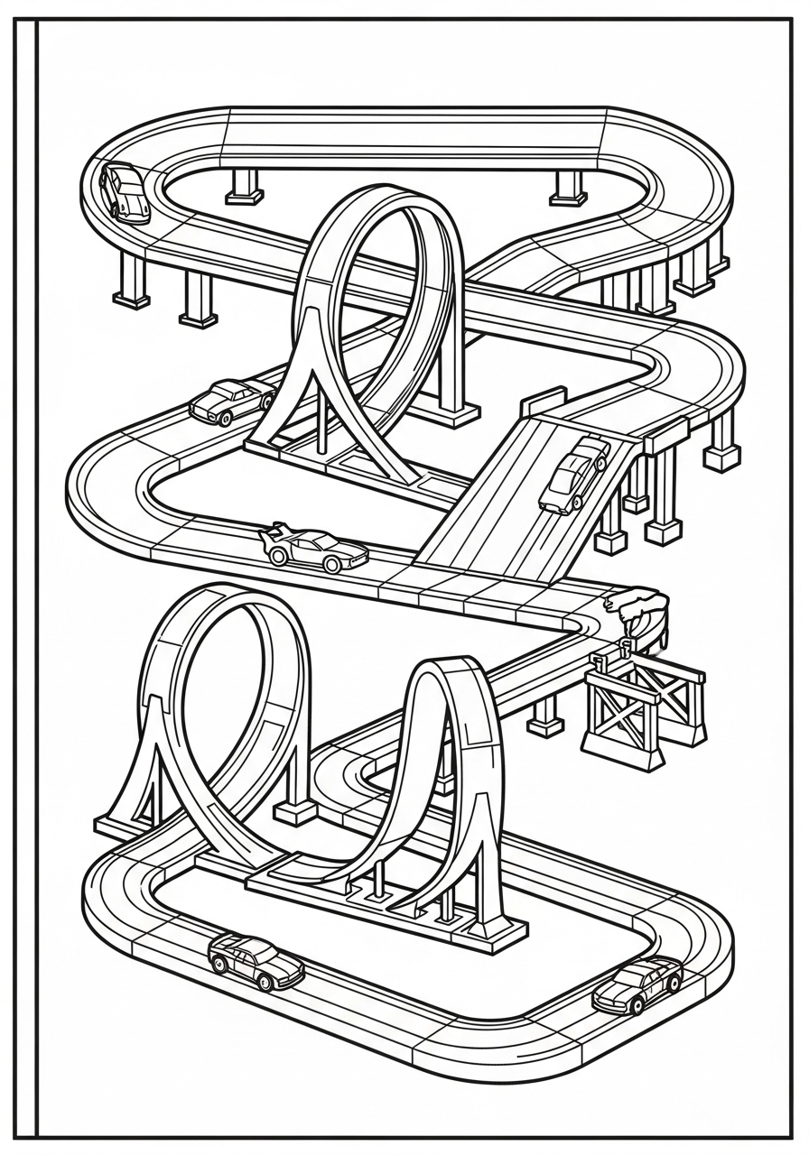 Desenho de Hot Wheels com pista de corrida para colorir