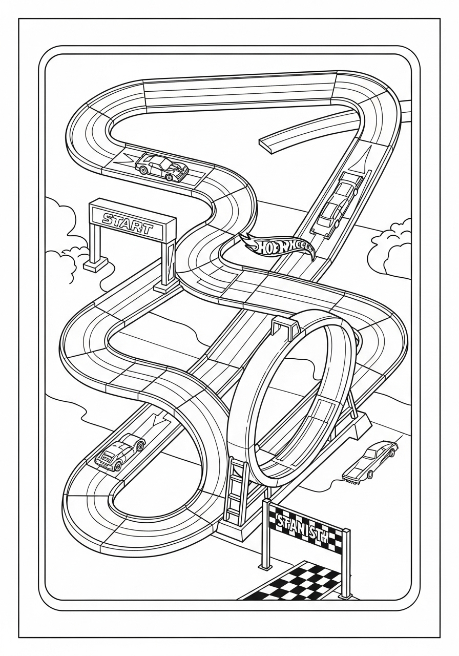 Desenho de Hot Wheels com pista de corrida para colorir