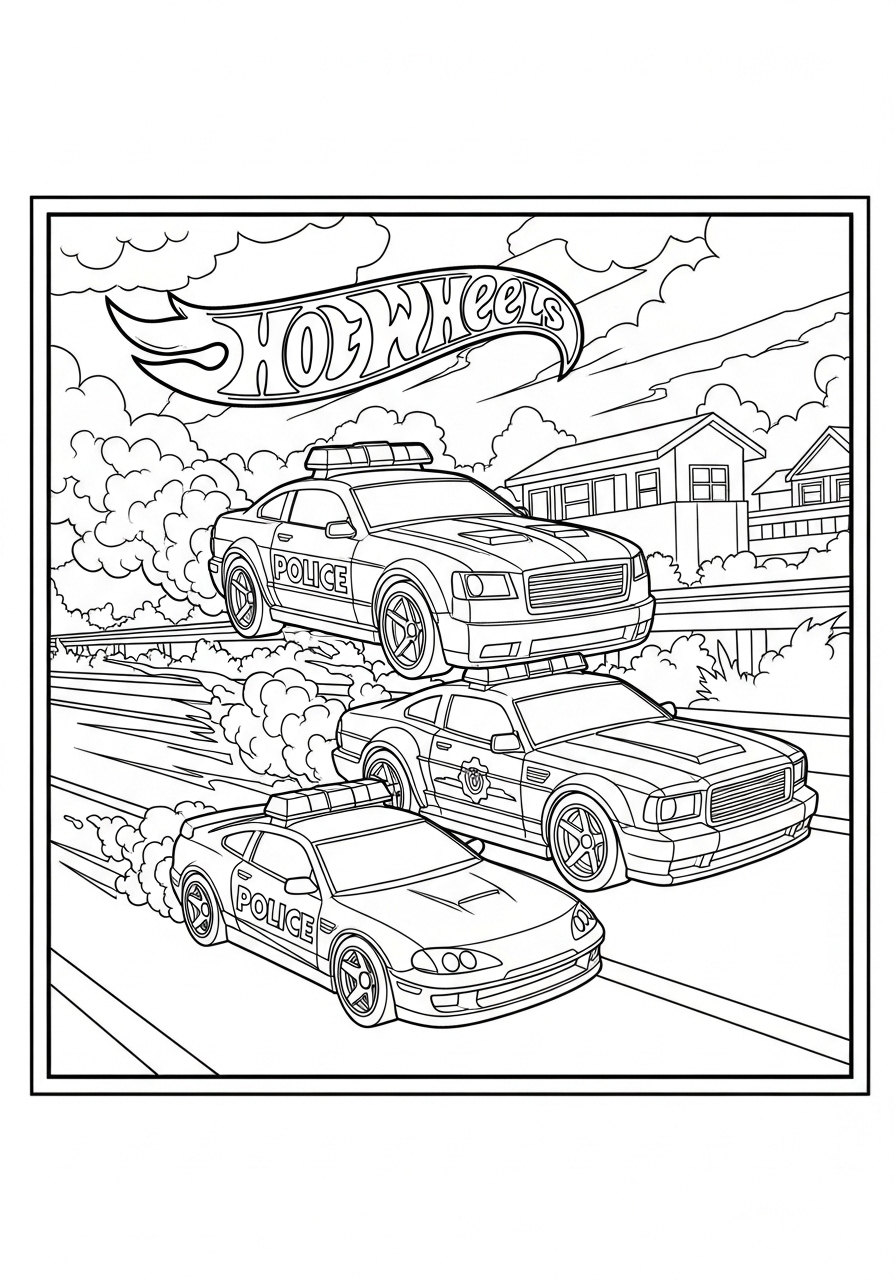 Desenho de Hot Wheels com carros de polícia prontos para colorir