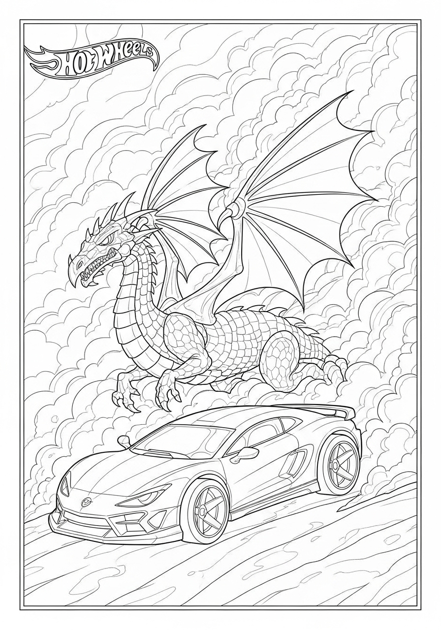 Desenho de Hot Wheels com carro e dragão em meio às nuvens