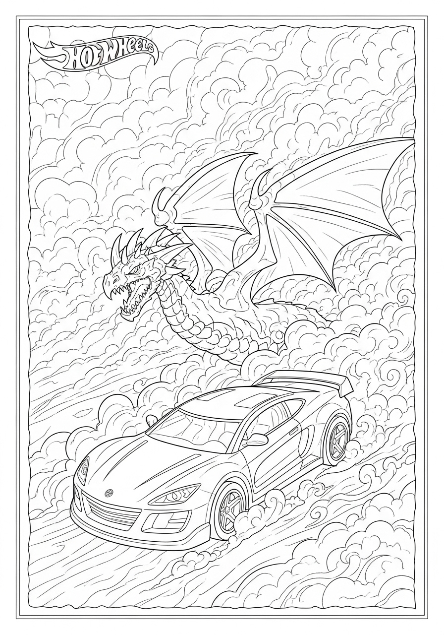 Desenho de Hot Wheels com carro e dragão em nuvens