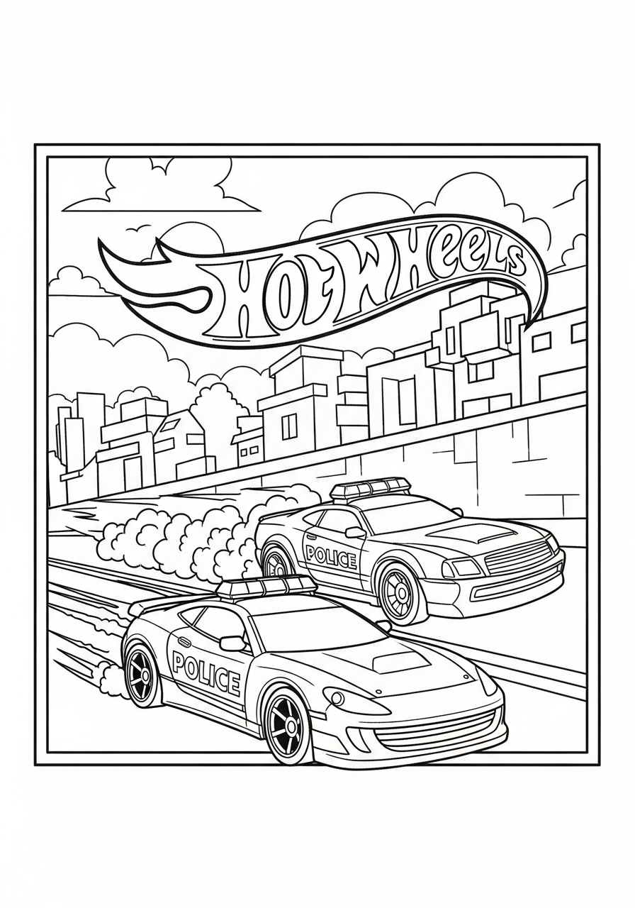 Desenho de Hot Wheels com carros de polícia em ação
