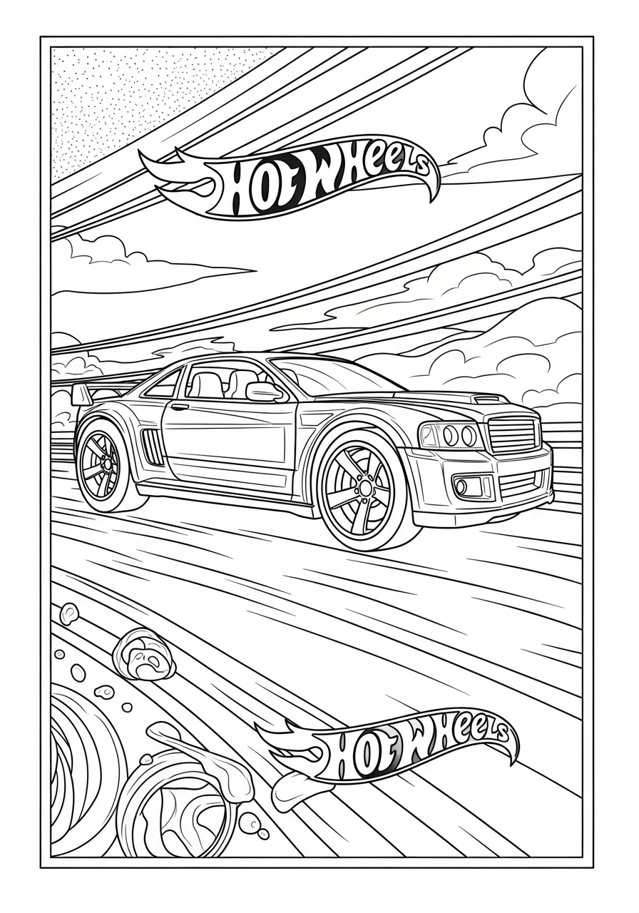 Desenho de Hot Wheels com carro e pista para colorir