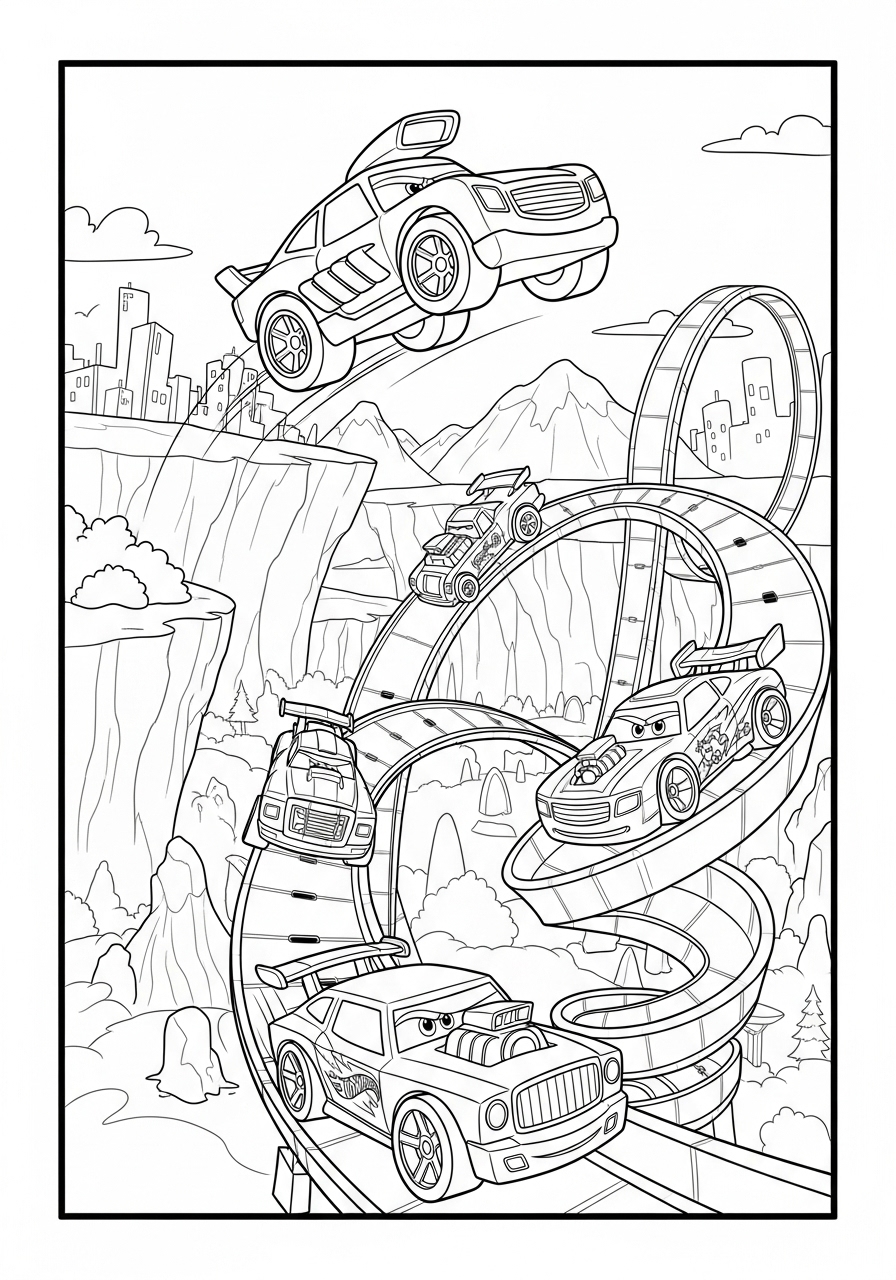 Desenho de Hot Wheels com carros em pista radiante