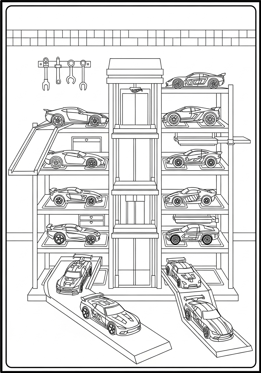 Desenho de Hot Wheels com garagem e carros para colorir