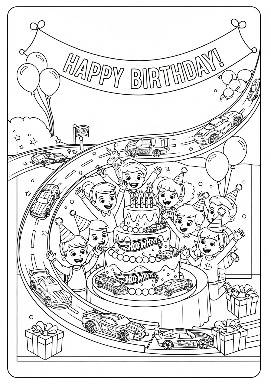 Desenho de Hot Wheels com festa de aniversário celebrando