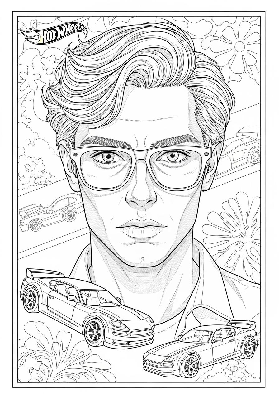 Desenho de Hot Wheels com homem e carros para colorir