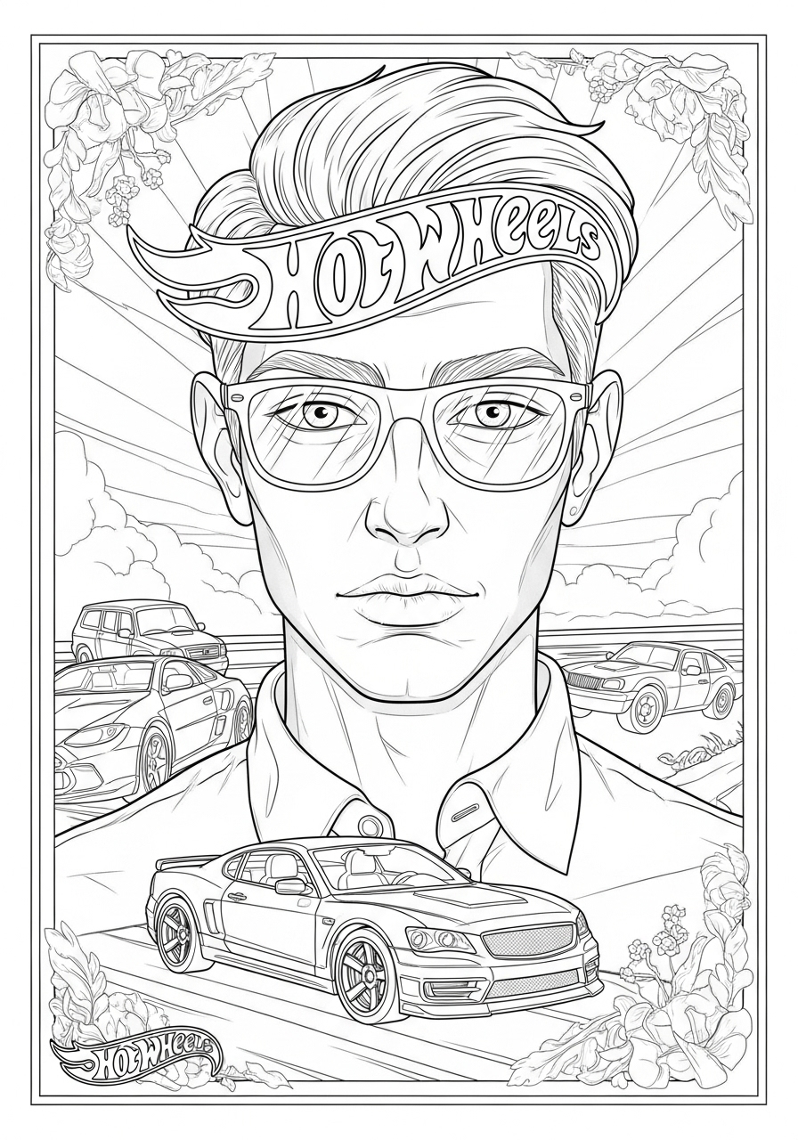 Desenho de Hot Wheels com homem e carros para colorir