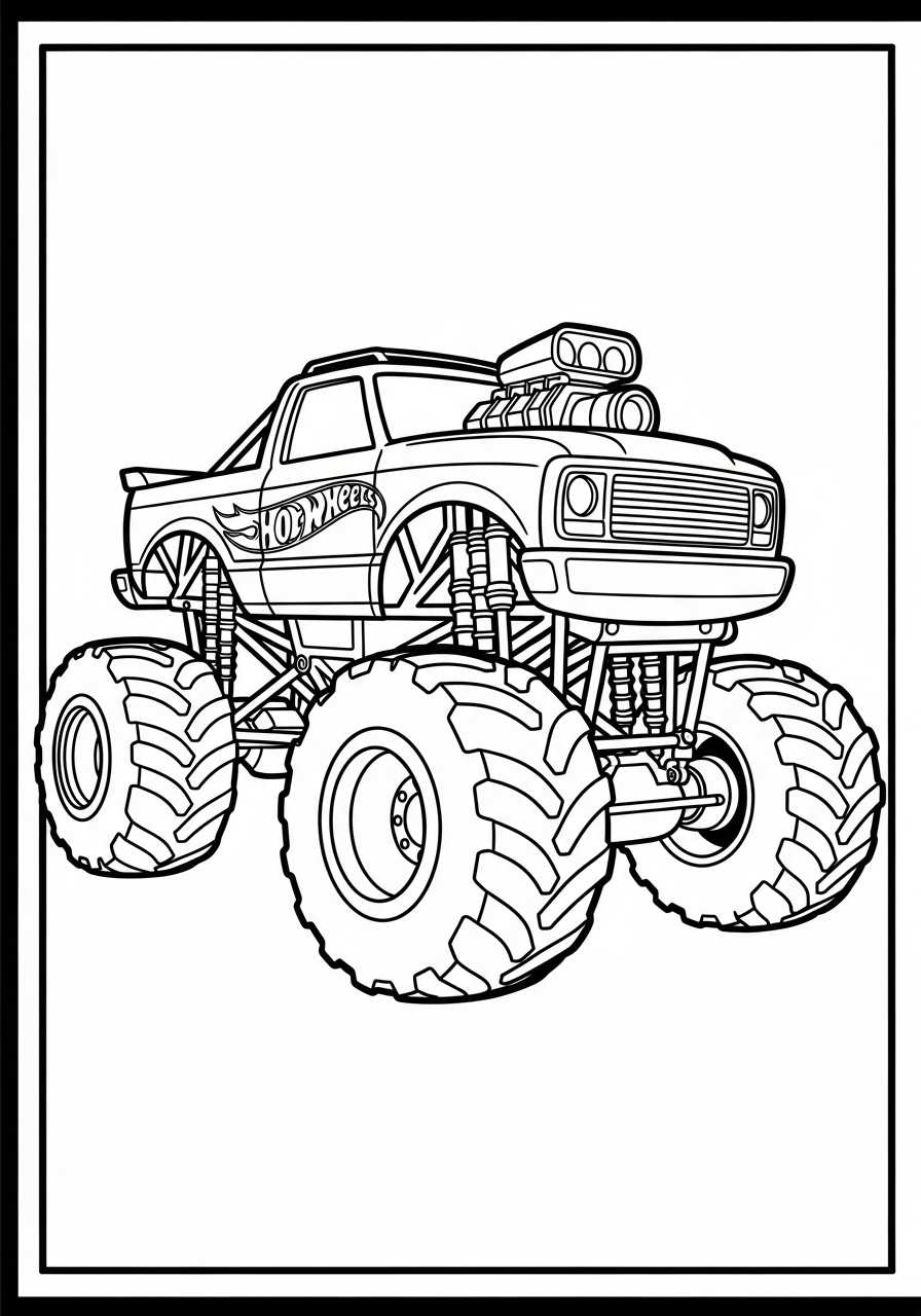 Desenho de Hot Wheels com caminhão monster truck para colorir