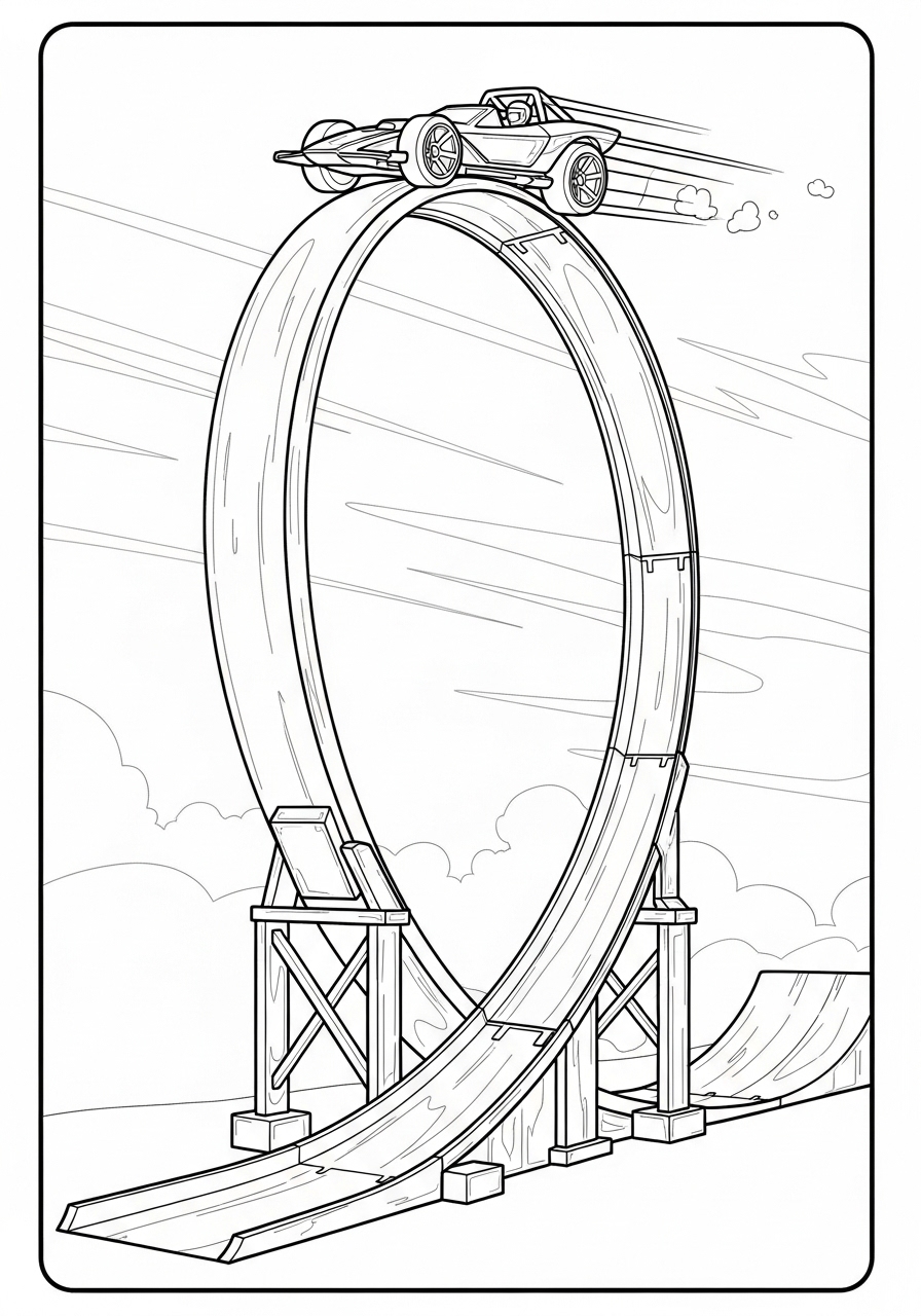 Desenho de Hot Wheels com carro em loop e rampas de corrida