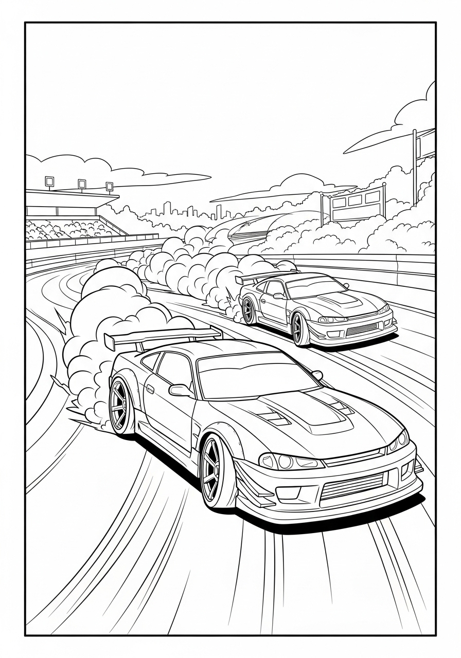 Desenho de Hot Wheels com carros em uma pista de corrida