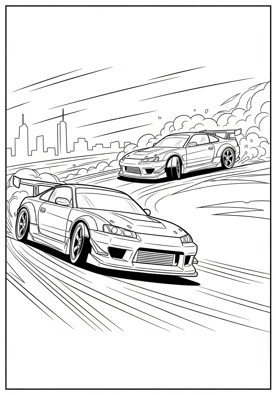 Desenho de Hot Wheels com carros em alta velocidade para colorir