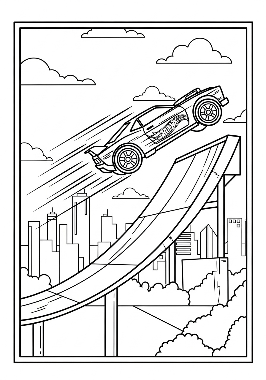 Desenho de Hot Wheels carro saltando em rampa sobre cidade