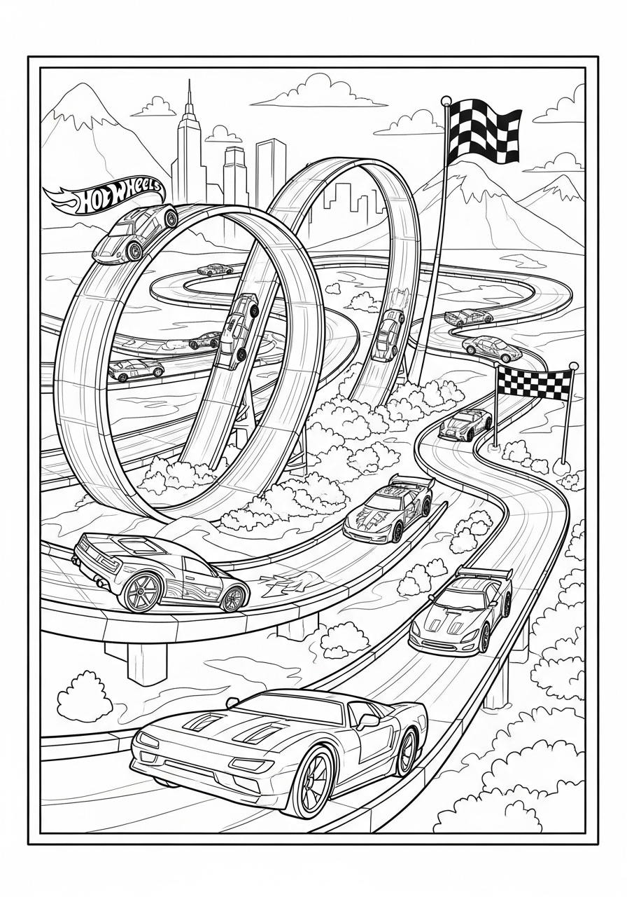 Desenho de Hot Wheels com pista e carros em ação