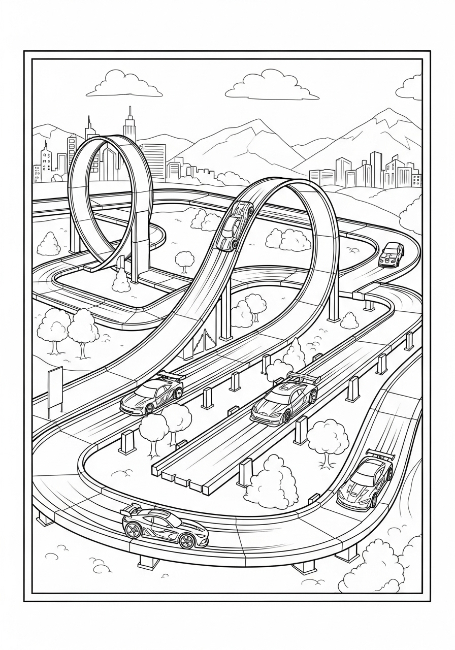 Desenho de Hot Wheels com pista de corrida e carros divertidos