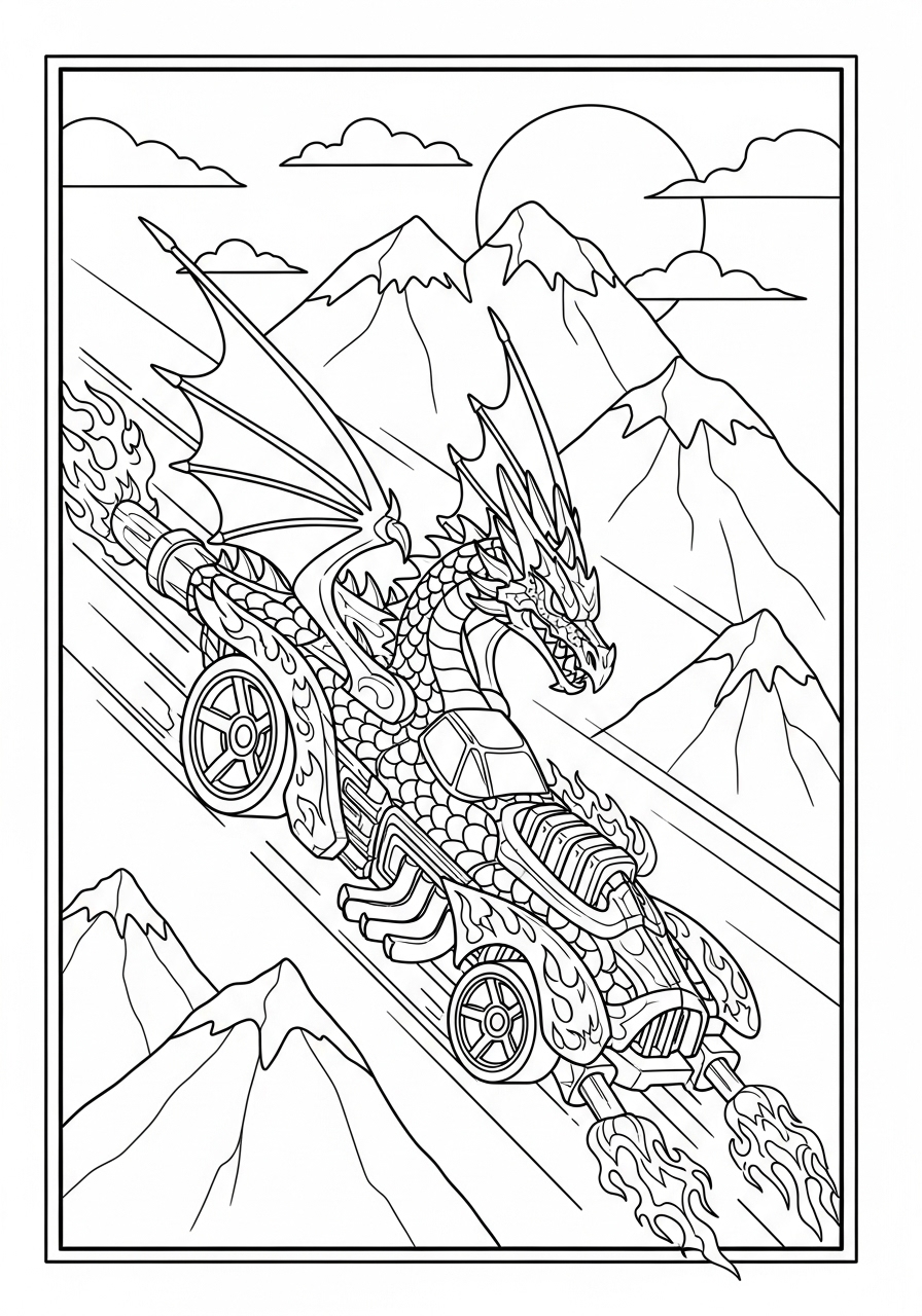 Desenho de Hot Wheels com dragão e carro em montanha