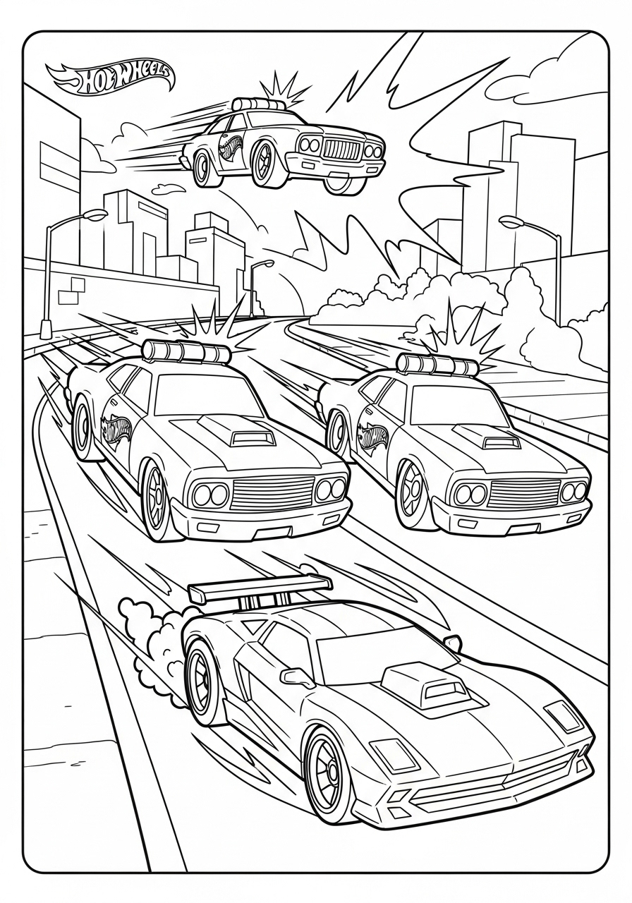Desenho de Hot Wheels com carros em cena de corrida