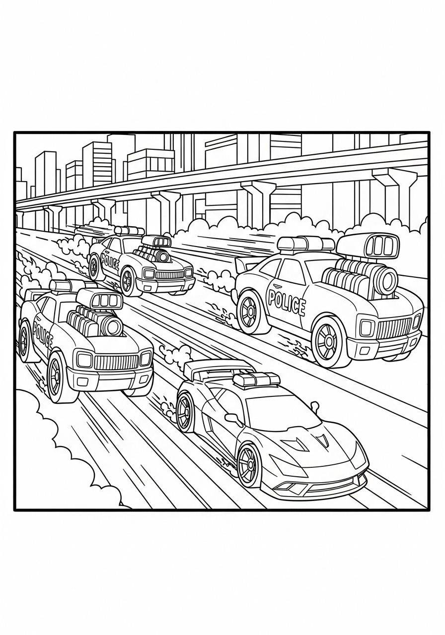 Desenho de Hot Wheels com carros de polícia em perseguição