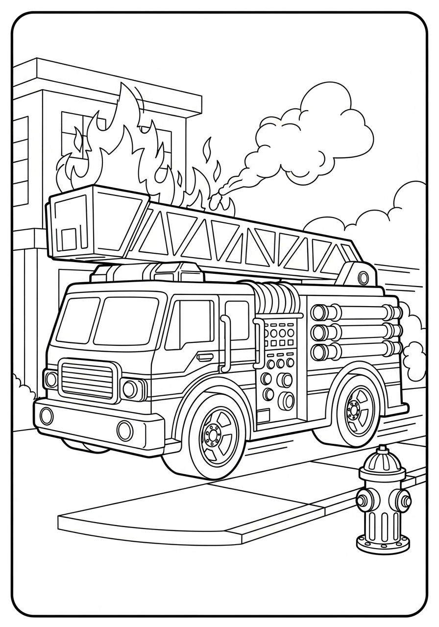 Desenho de caminhão de bombeiros com chamas para colorir