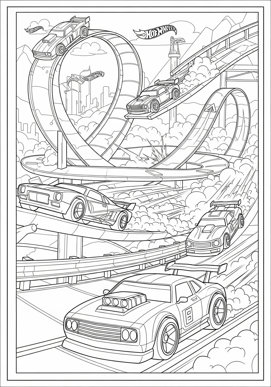 Desenho de Hot Wheels com pista e carros em movimento