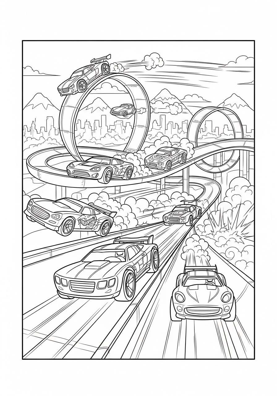 Desenho de Hot Wheels com pista cheia de carros em ação