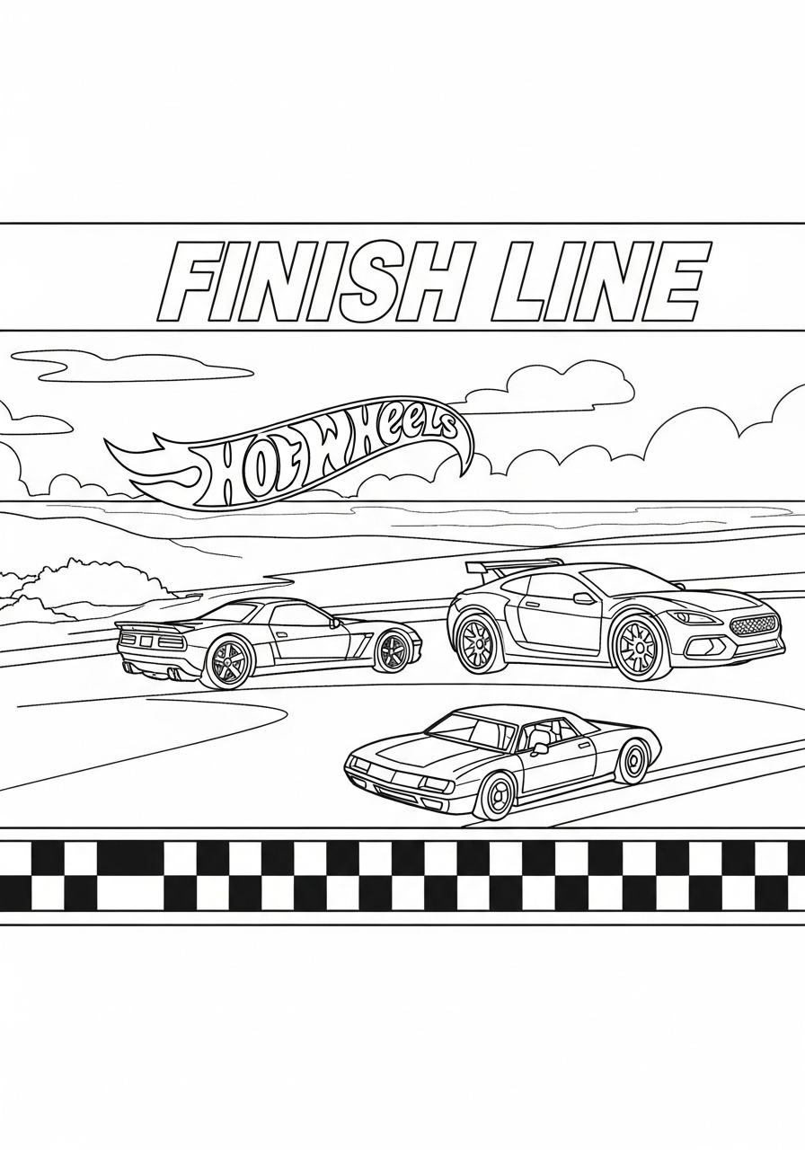 Desenho de Hot Wheels com carros na linha de chegada