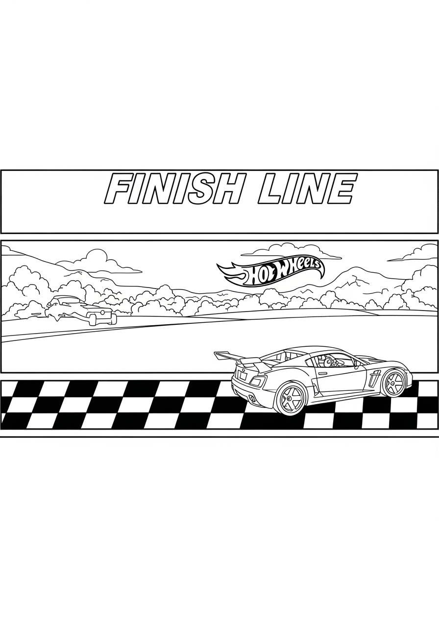 Desenho de Hot Wheels com linha de chegada e carro de corrida