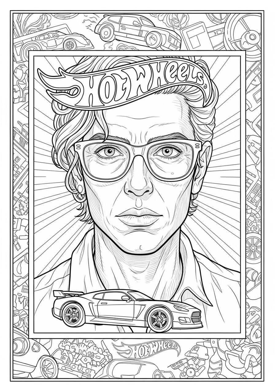 Desenho de Hot Wheels com homem de óculos e carro esportivo