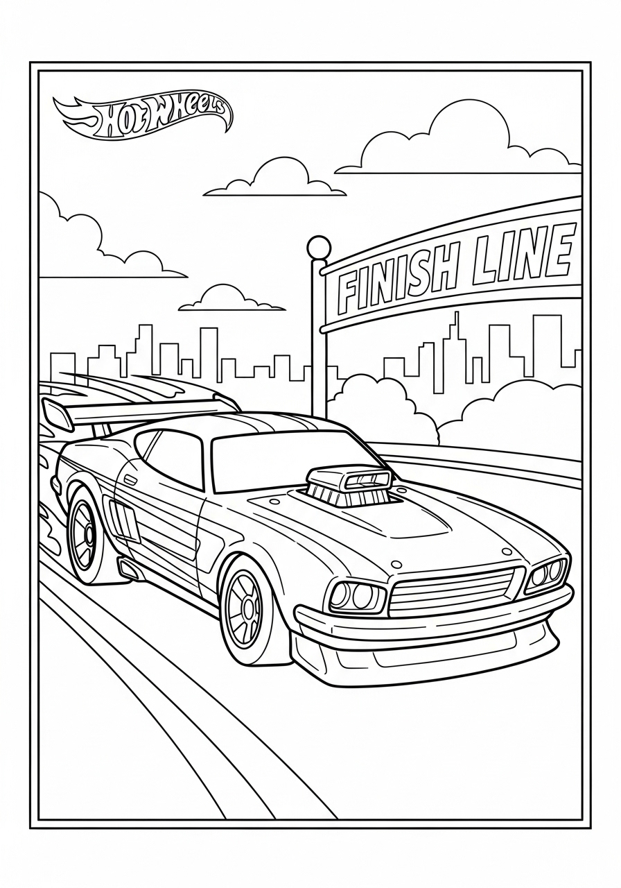 Desenho de Hot Wheels com carro cruzando a linha de chegada