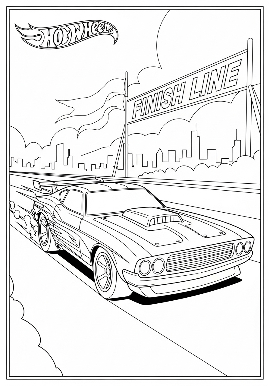 Desenho de Hot Wheels com carro na linha de chegada