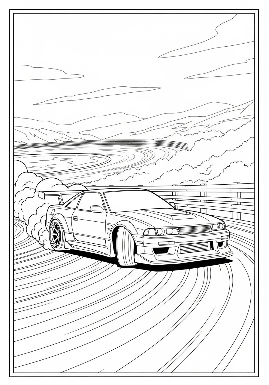 Desenho de Hot Wheels com carro fazendo curvas e fumaça