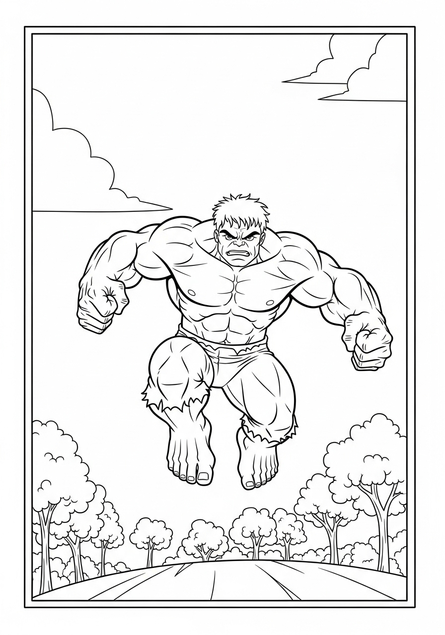 Desenho de Hulk pulando em paisagem para colorir