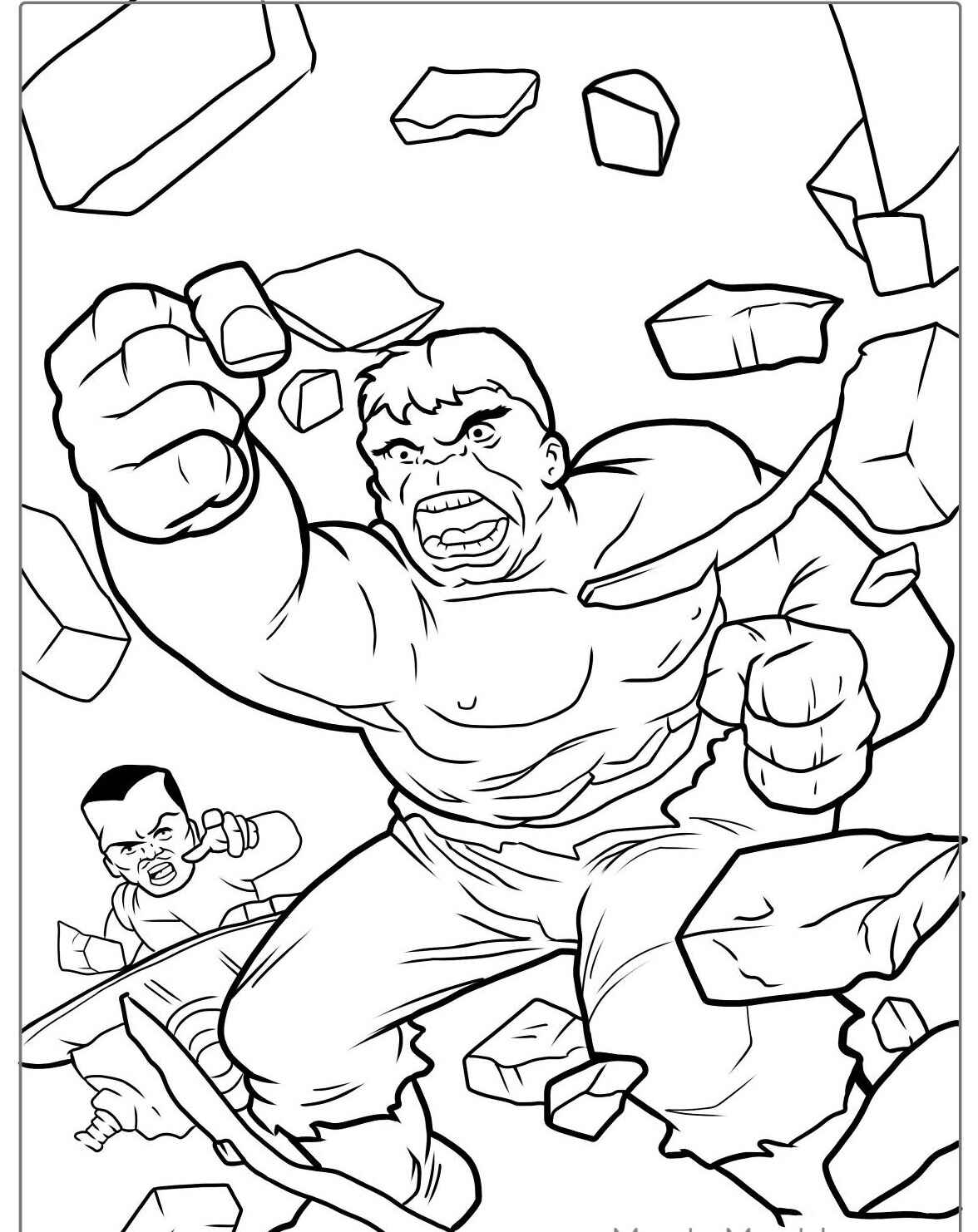 Desenho de Hulk quebrando pedras para colorir