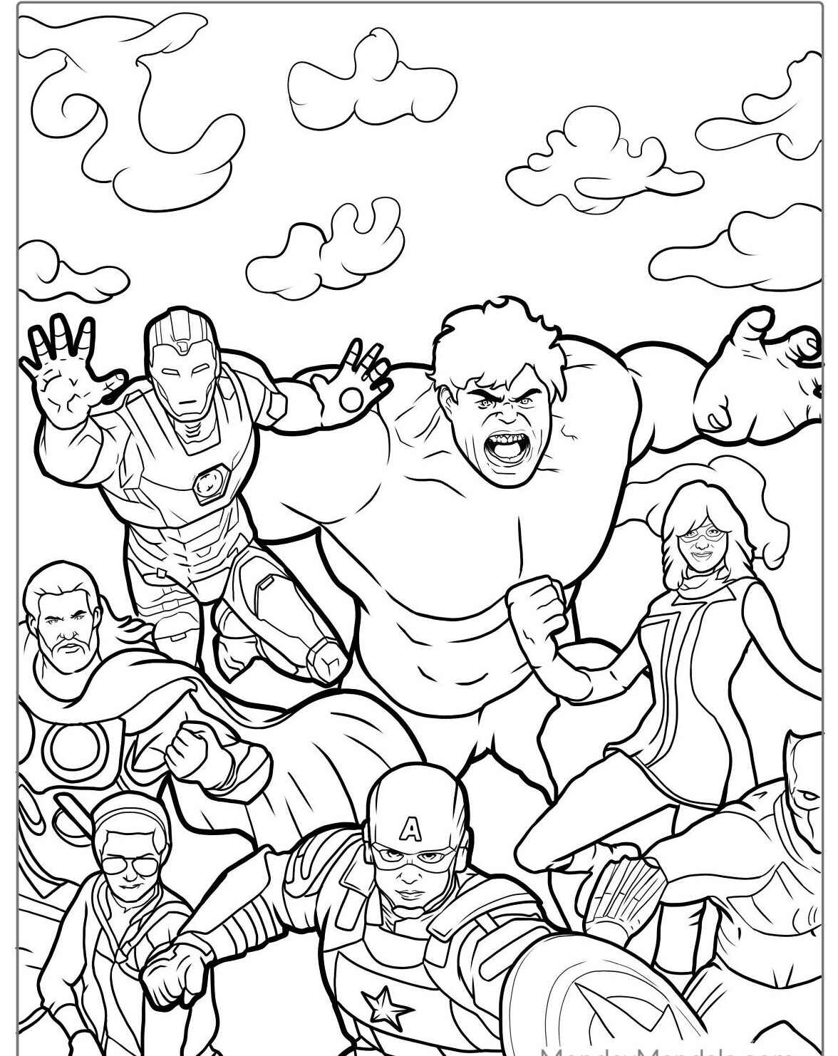 Desenho de Hulk e super-heróis para colorir