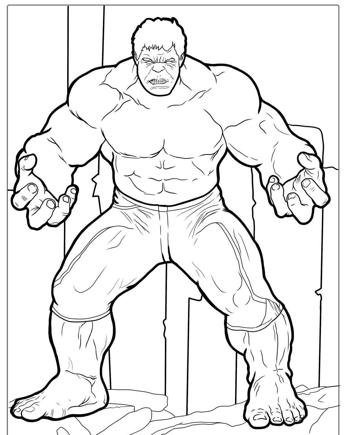 Desenho de Hulk musculoso em pose de raiva para colorir