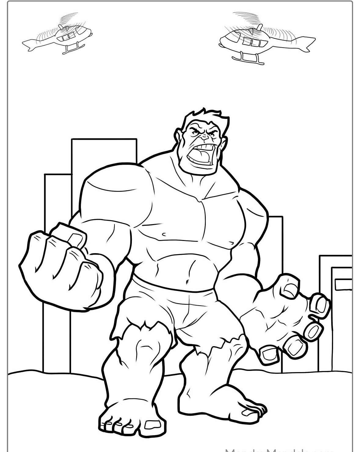Desenho de Hulk furioso entre prédios para colorir